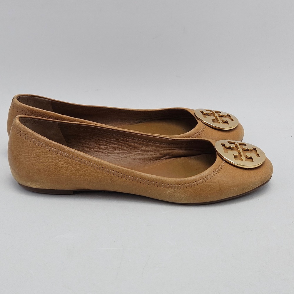 Tory Burch Tan Leather Reva Ballet Flats with Gold Logo - Picture 4 of 12